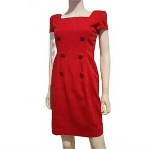 Vintage Gillian Petites Red Square Neck Dress with buttons